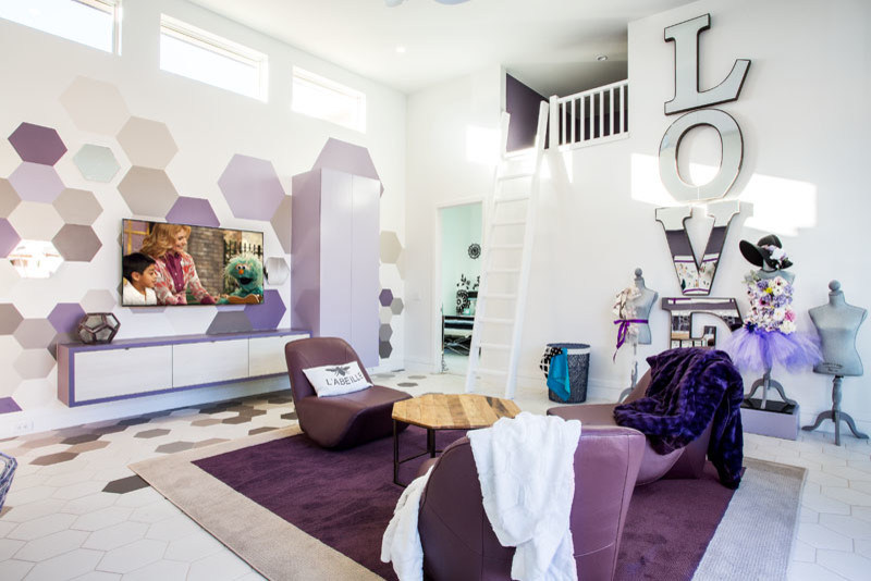 This is an example of a large modern kids' room for girls in Salt Lake City with white walls and ceramic floors.