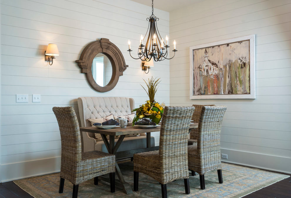 Inspiration for a traditional dining room in Other with white walls and dark hardwood floors.