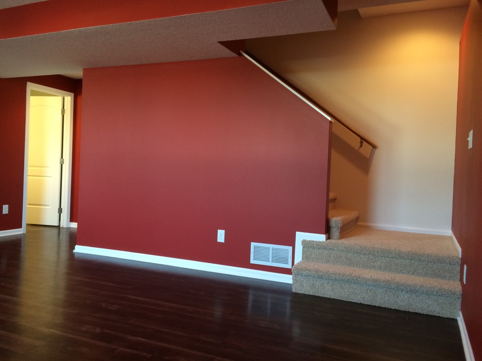 Large transitional look-out dark wood floor basement photo with red walls and no fireplace