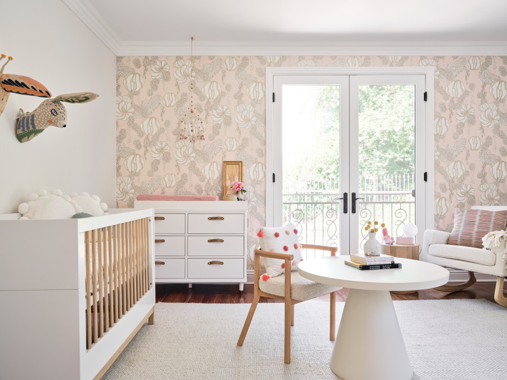 Inspiration for a transitional dark wood floor and brown floor nursery remodel in Los Angeles with multicolored walls