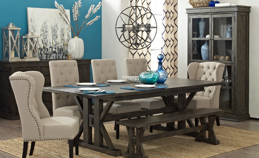 Inspiration for an eclectic dining room in Other with blue walls.