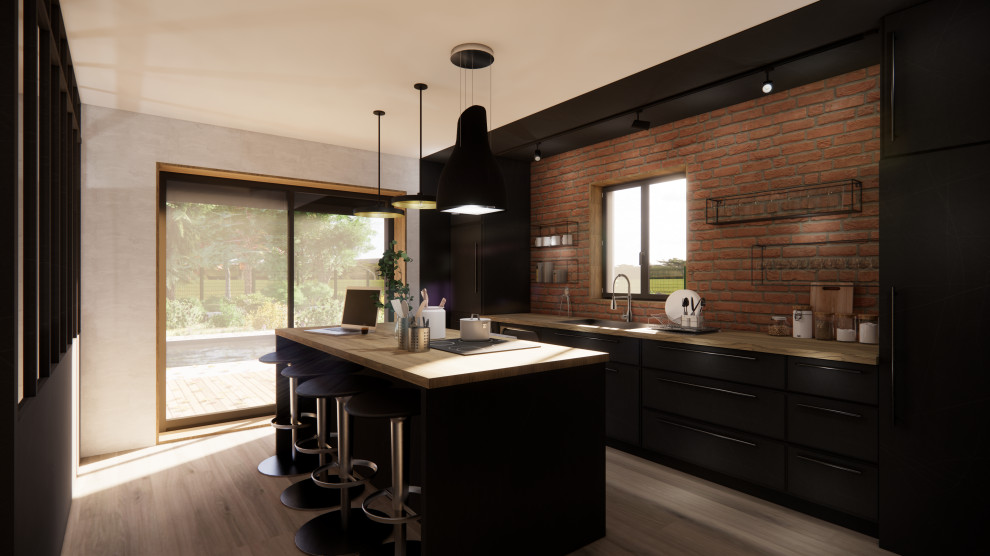 Design ideas for a mid-sized industrial single-wall kitchen in Dijon with black cabinets, wood benchtops, light hardwood floors, with island, panelled appliances, beige benchtop, an integrated sink, red splashback, brick splashback and white floor.