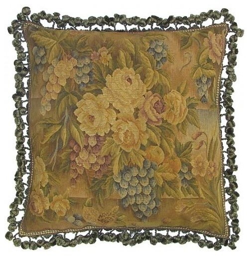 Aubusson Throw Pillow 22"x22"  Handwoven Wool Roses and Grapes