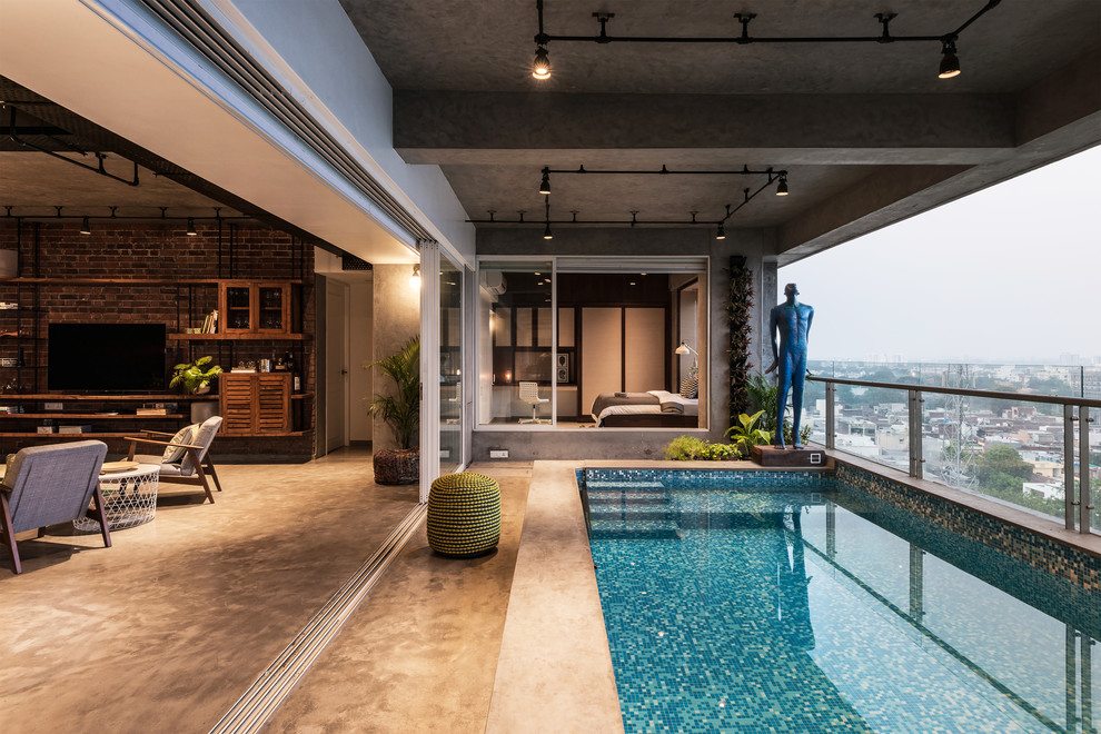 living room with pool view