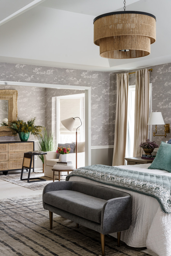 Inspiration for a large transitional master carpeted, beige floor, vaulted ceiling and wallpaper bedroom remodel in Kansas City with gray walls