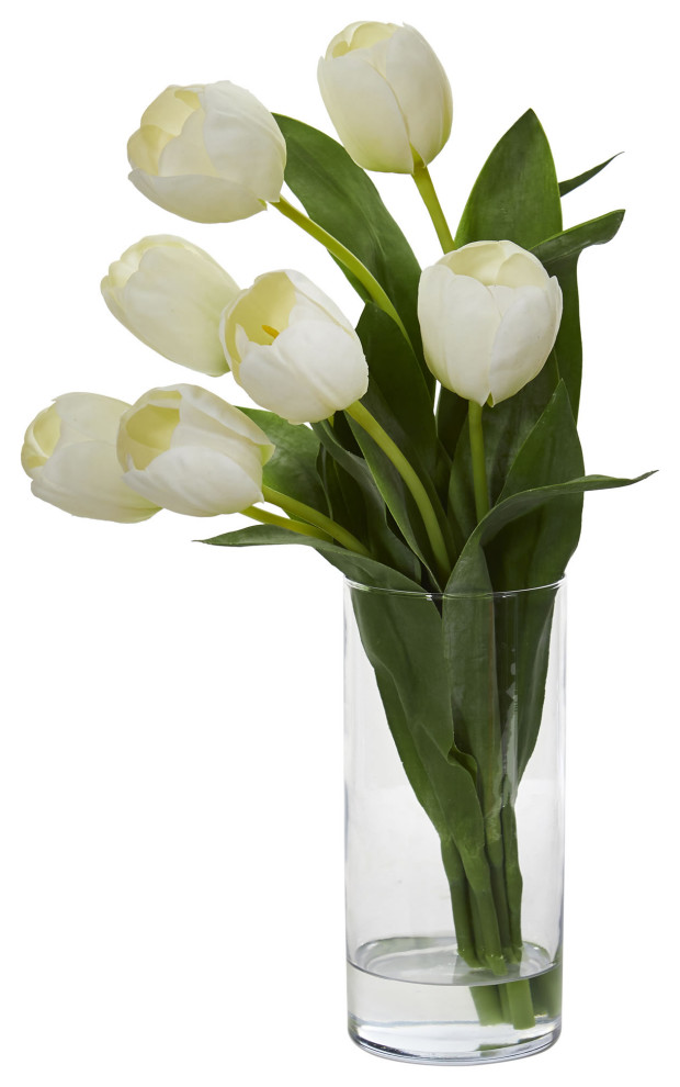 Tulip Artificial Arrangement, Cylinder Vase, White