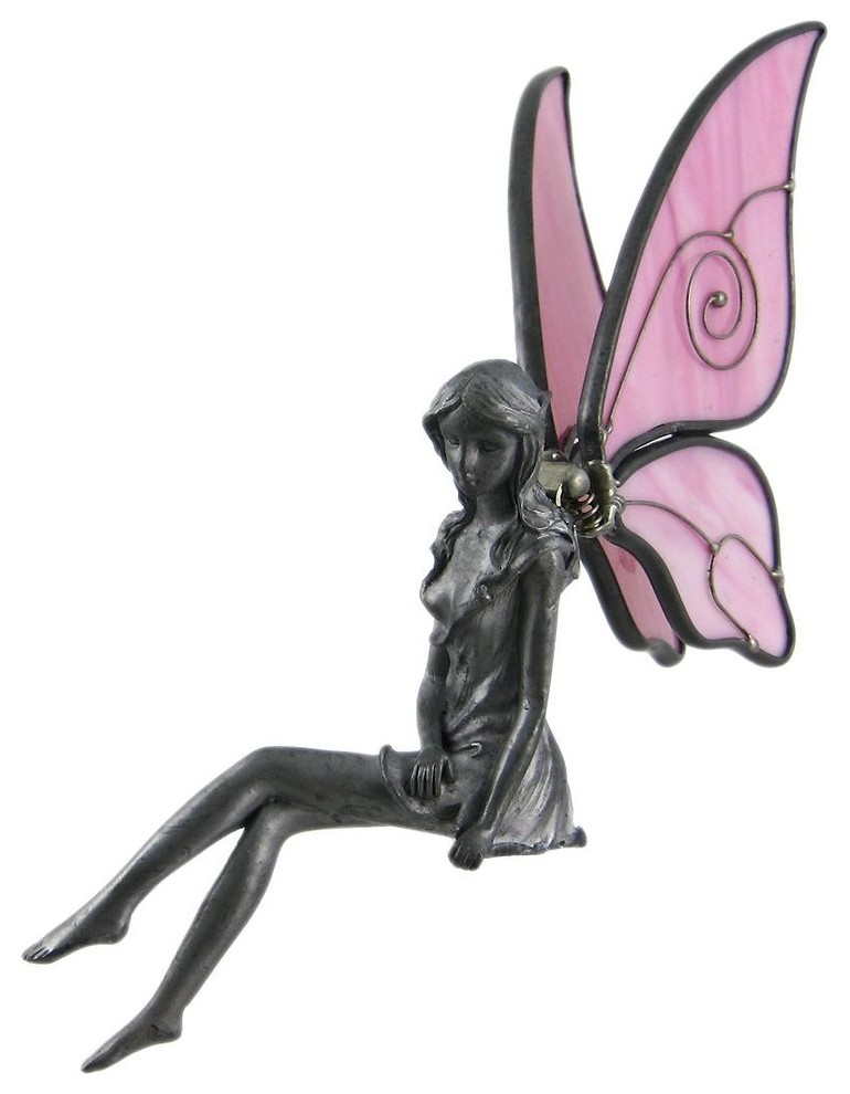 Fairy Shelf Sitter Figurine Pink Stained Glass Wings Contemporary