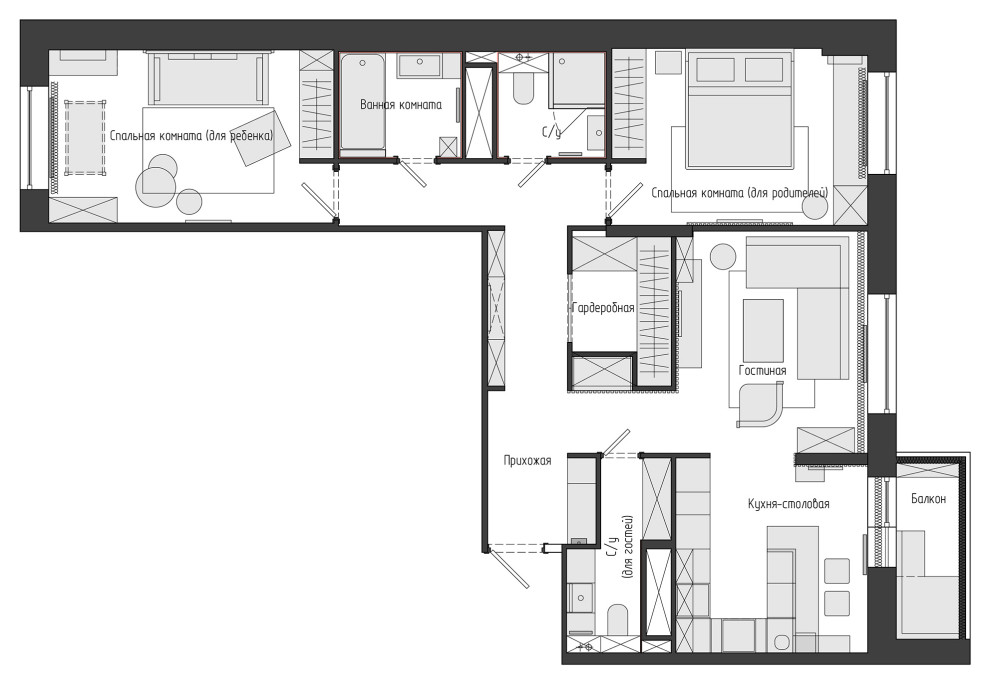 Дизайн-проект. 3-хкомнатная квартира в ЖК "Левобережный". Тула. 2017 г.
