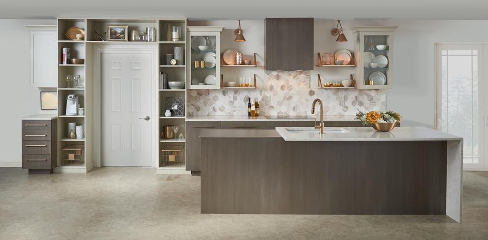 Inspiration for a large contemporary single-wall kitchen in New York with an undermount sink, flat-panel cabinets, dark wood cabinets, quartz benchtops, porcelain splashback, panelled appliances, with island, beige floor and beige benchtop.