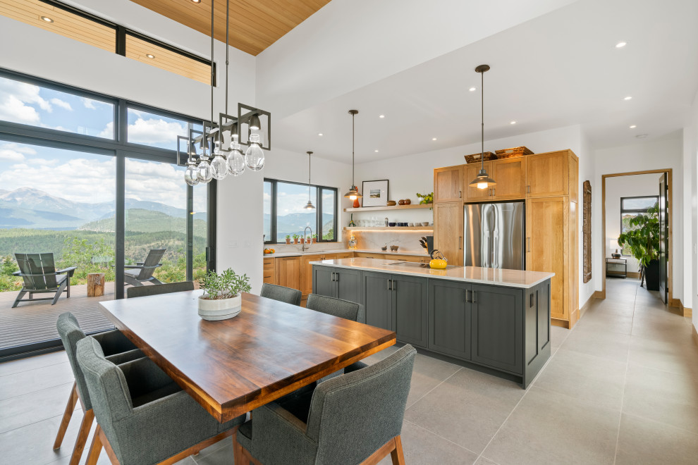 Photo of a mid-sized contemporary kitchen/dining combo in Denver with white walls, ceramic floors, grey floor and wood.