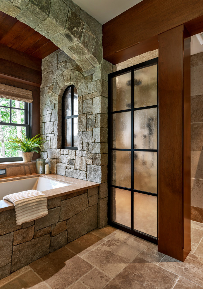 Walk-in shower - rustic master gray tile gray floor walk-in shower idea in Portland Maine with gray walls and an undermount tub