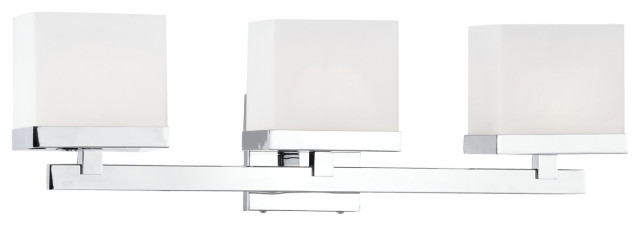 Cardiff 3-Lamp Vanity, White Opal Square Glass, Chrome, 23.375"Wx7.375"Hx5.375"E