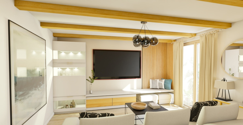 Esempio di un grande soggiorno contemporaneo aperto con angolo bar, pareti beige, parquet chiaro, TV a parete, pavimento beige e travi a vista