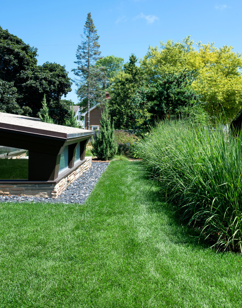 This is an example of a mid-sized midcentury side yard full sun xeriscape for fall in Milwaukee with gravel.