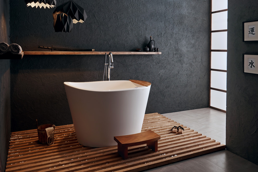 Design ideas for a small asian master bathroom in Moscow with a japanese tub, black walls, ceramic floors and beige floor.