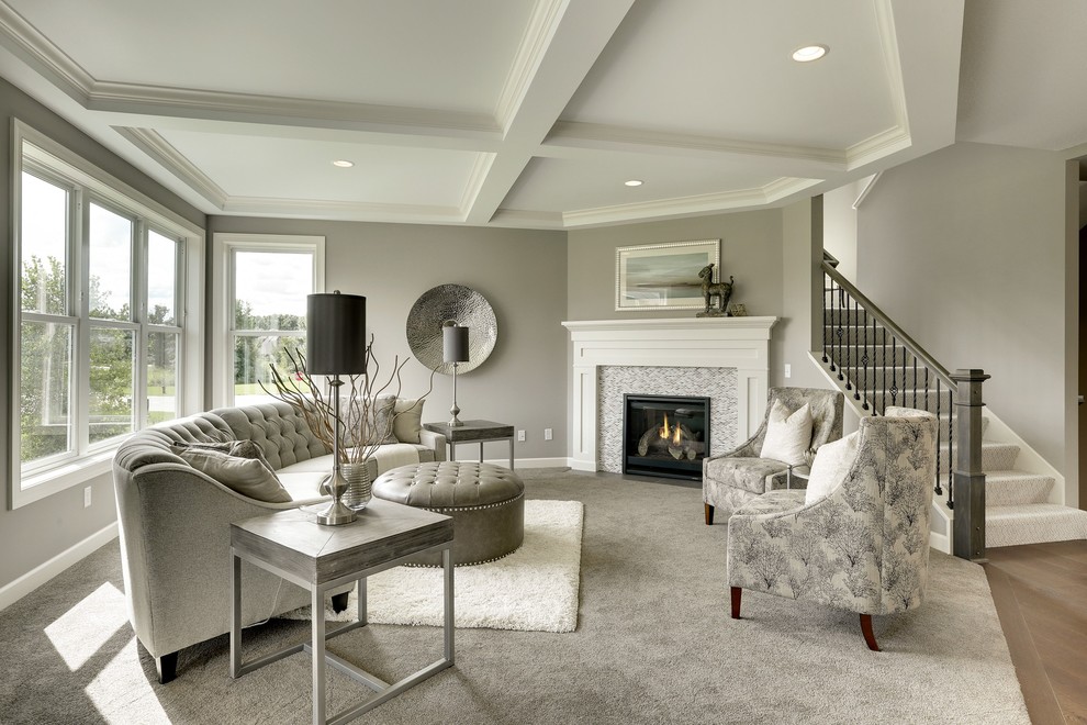 Inspiration for a transitional formal open concept living room in Minneapolis with carpet, a standard fireplace, no tv, grey walls and a stone fireplace surround.