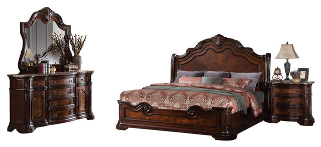 Barney S Traditional Walnut With Marble 5 Piece Queen Set