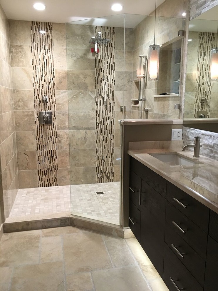 Large contemporary master bathroom in Phoenix with flat-panel cabinets, dark wood cabinets, an alcove shower, beige tile, travertine, beige walls, travertine floors, an undermount sink, onyx benchtops, beige floor and an open shower.