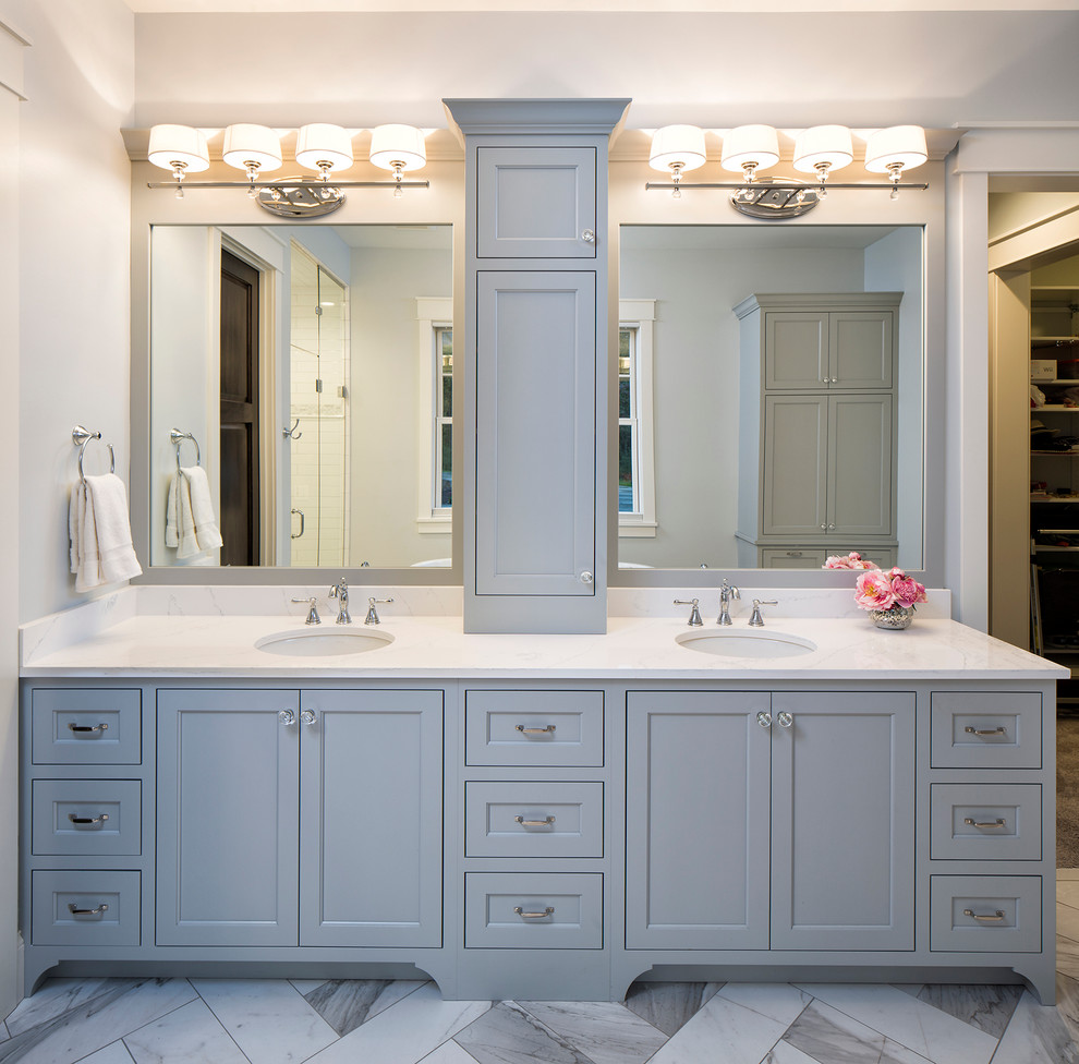 Large transitional master bathroom in Minneapolis with recessed-panel cabinets, grey cabinets, a freestanding tub, an alcove shower, white tile, subway tile, grey walls, an undermount sink and engineered quartz benchtops.