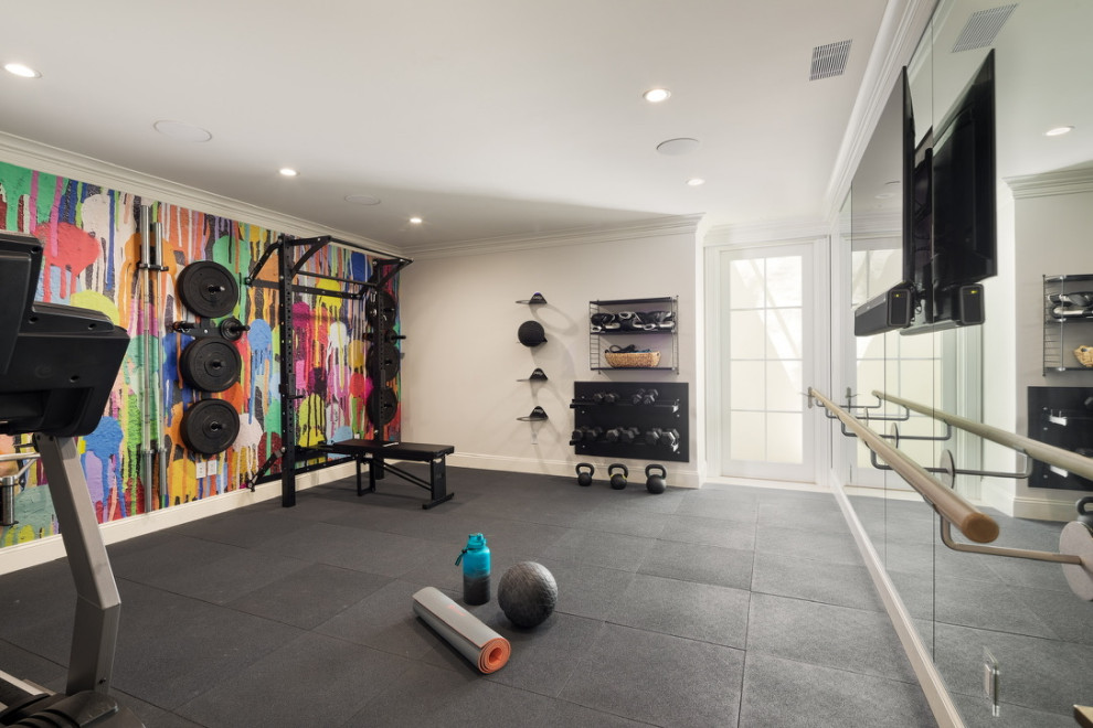 This is an example of a beach style home gym in San Francisco.