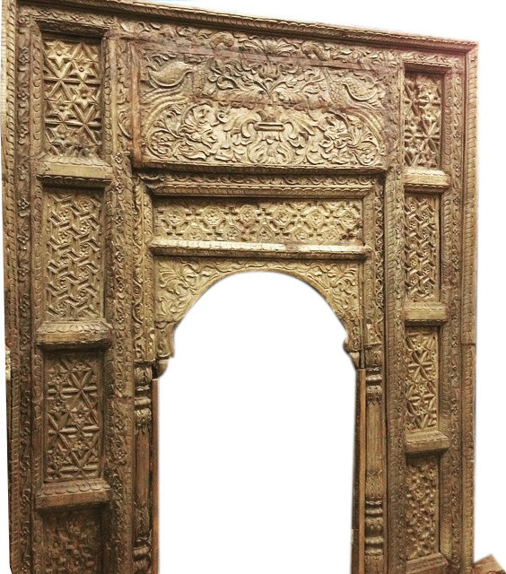 Consigned Antique Welcome Gate Jaipur Arch Carved Wood Frame Teak Vintage Archit