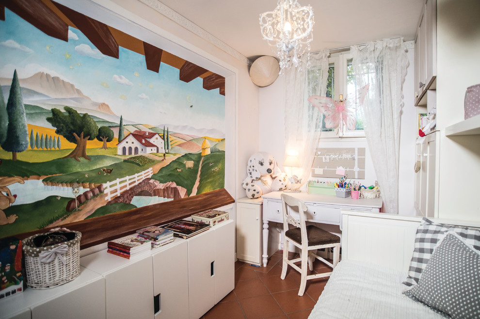 This is an example of a traditional kids' study room for girls in Bologna with white walls.
