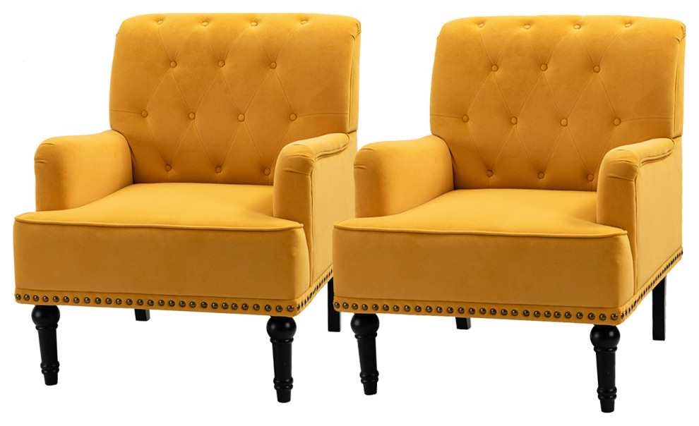 Upholstered Tufted Comfy Accent Armchair With Nailhead Trim Set of 2, Mustard