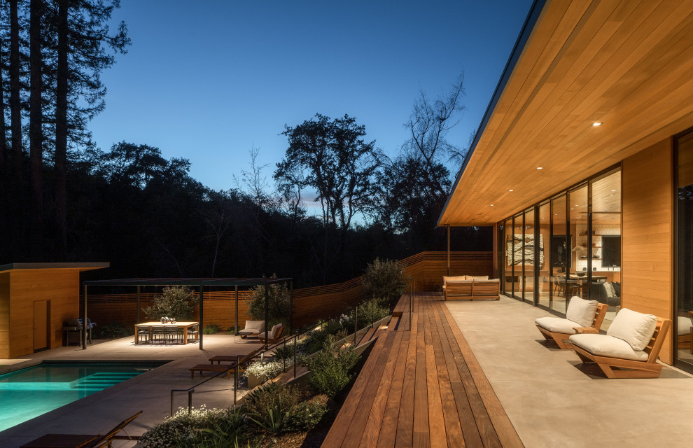 Immagine di un patio o portico minimalista di medie dimensioni e dietro casa con un caminetto, lastre di cemento e un tetto a sbalzo