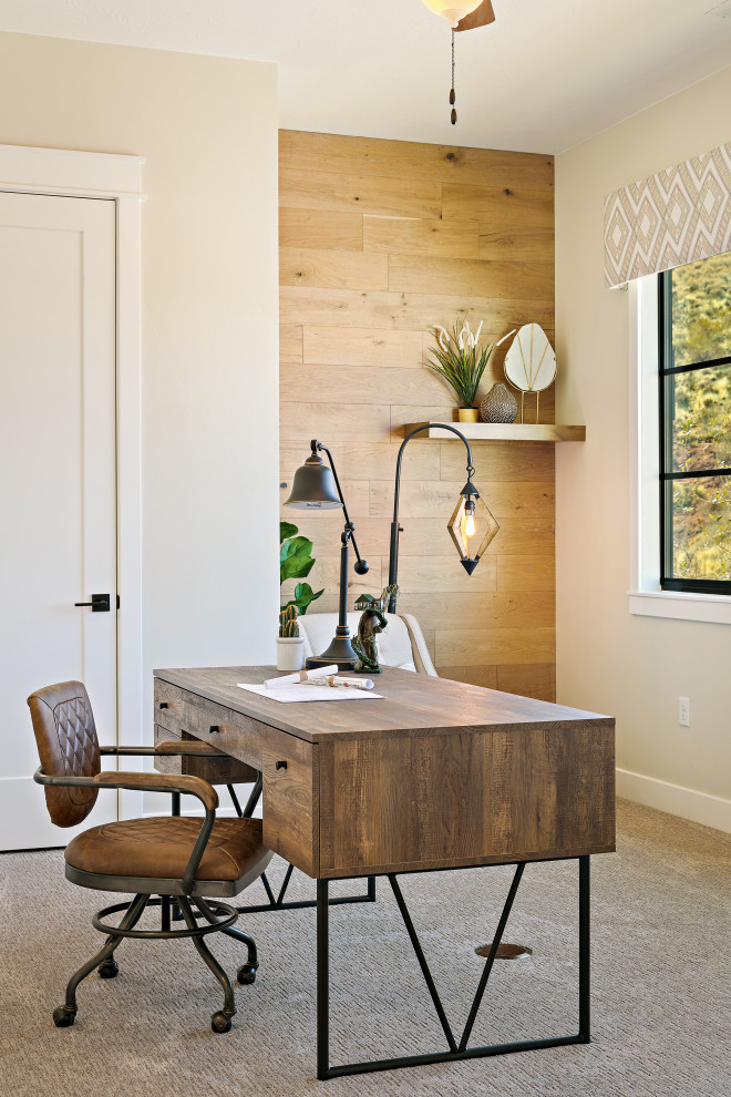 Inspiration for a modern freestanding desk carpeted and multicolored floor home office remodel in Salt Lake City with multicolored walls