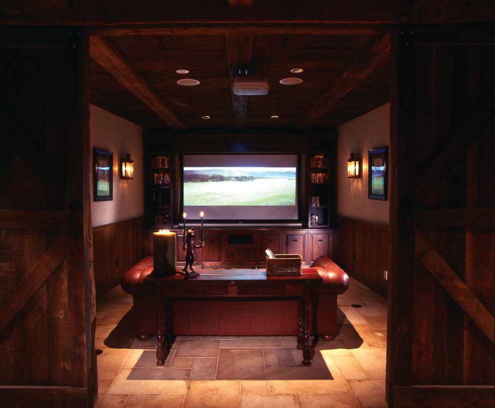 Inspiration for a small enclosed home theatre in New York with beige walls, ceramic floors and a projector screen.