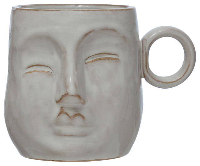 Stoneware Face Mug, Reactive Glaze, Cream