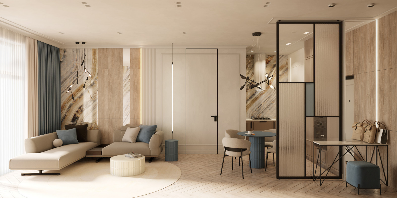 Гостиная-студия с витражной перегородкой