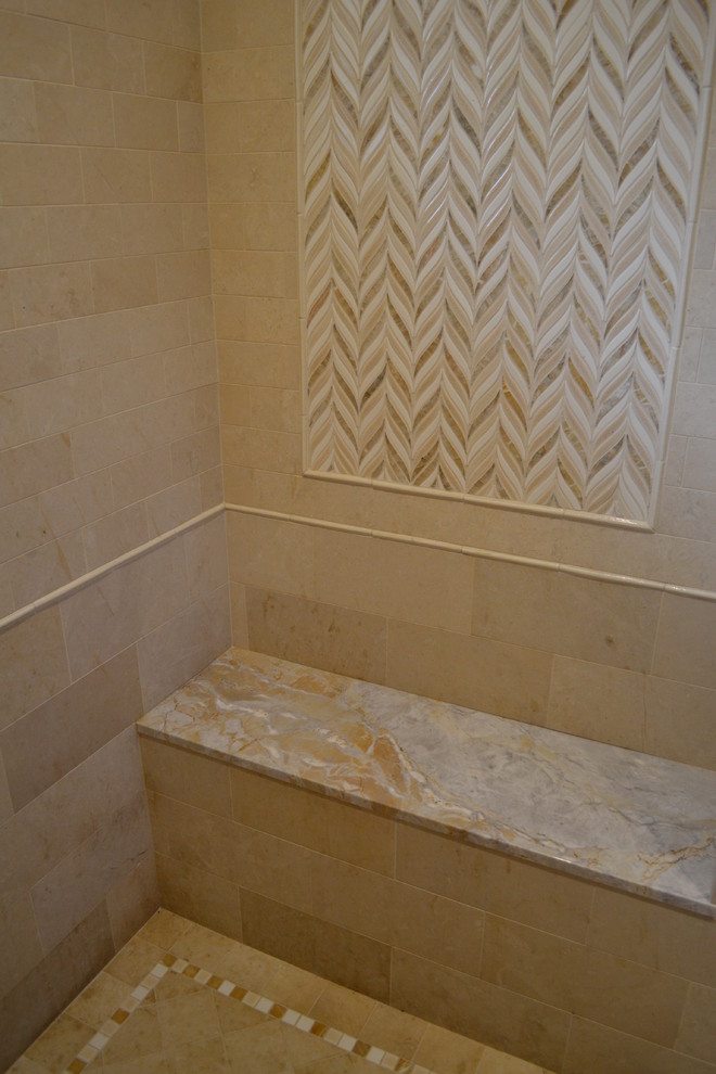 This is an example of a country kids bathroom in San Francisco with an alcove shower, beige tile, mosaic tile, beige walls and limestone floors.