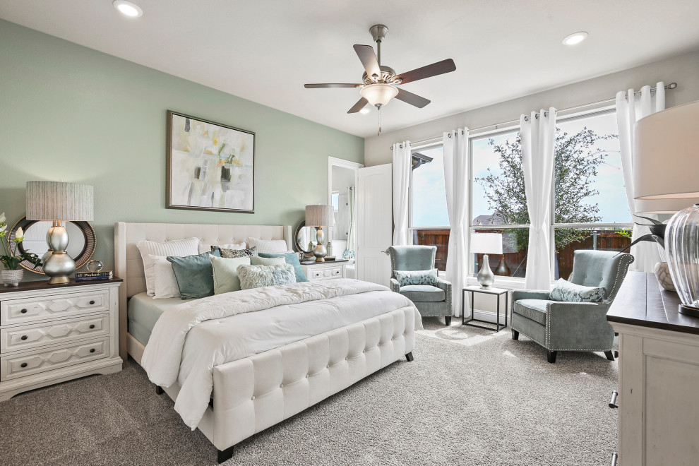 This is an example of a mid-sized contemporary master bedroom in Dallas with white walls, carpet and grey floor.