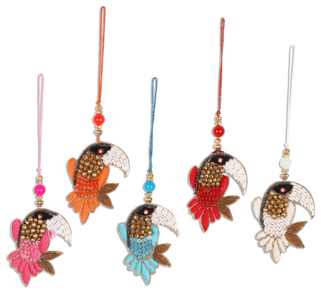 Novica Handmade Glamorous Toucans Beaded Cotton Ornaments (Set Of 5)