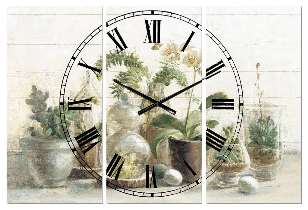 Greenhouse Orchids Farmhouse 3 Panels Metal Clock - Contemporary - Wall ...