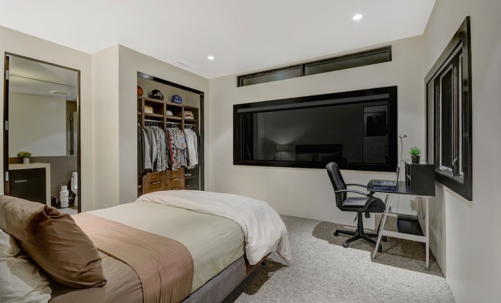 Photo of an expansive modern guest bedroom in Orange County with white walls and carpet.
