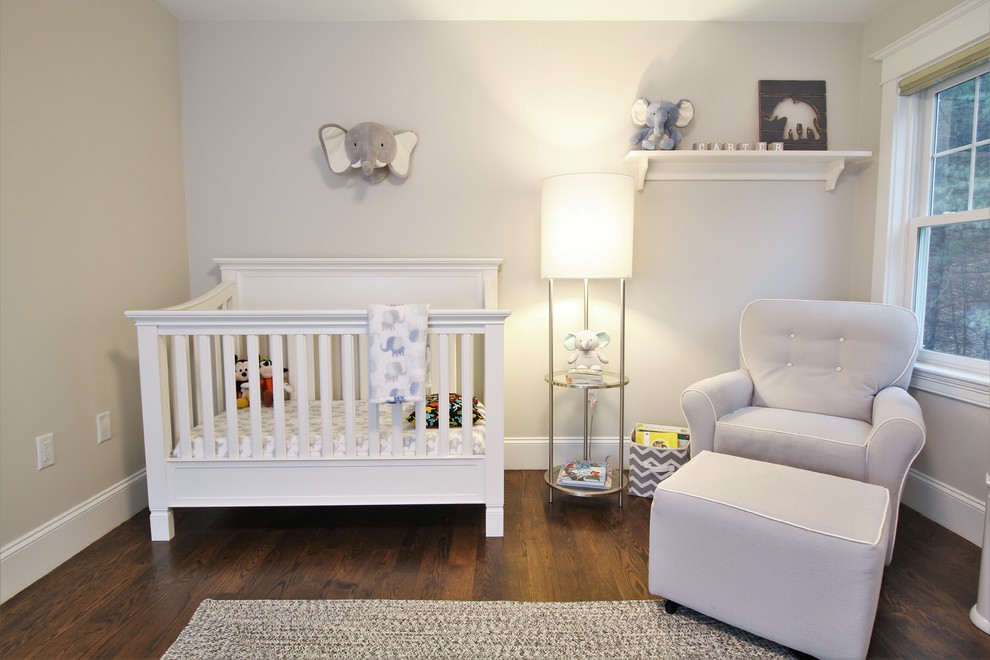 Nursery - large transitional guest dark wood floor and brown floor nursery idea in Boston with gray walls