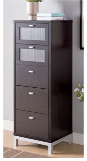 Wooden Five Drawers Utility Cabinet with Metal Base, Brown and Silver