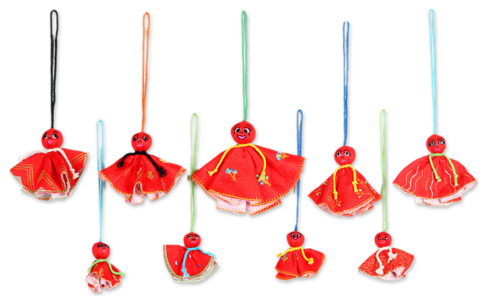 Novica Handmade Red Chekutty Dolls Embroidered Viscose Ornaments, 9-Piece Set