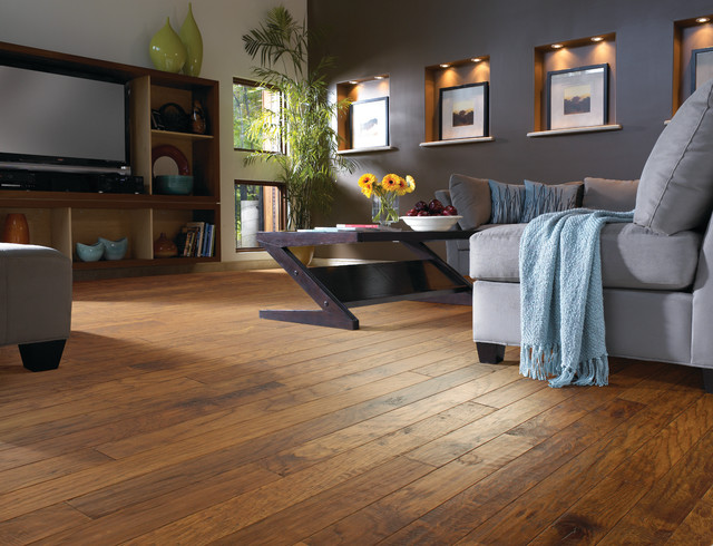 hickory wood floor living room - contemporary - living room