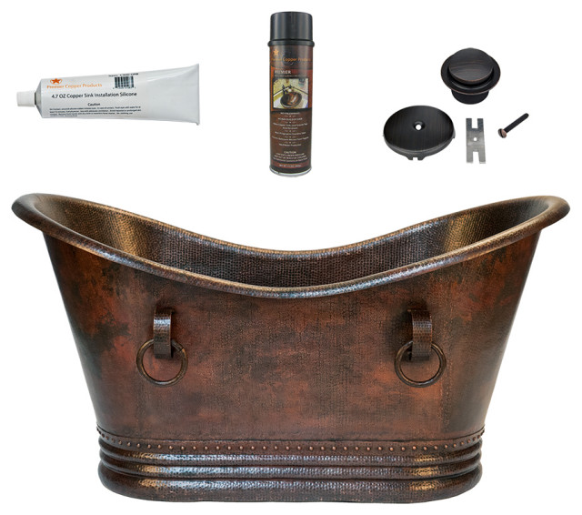 60" Hammered Copper Double Slipper Bathtub, Rings & Drain Package