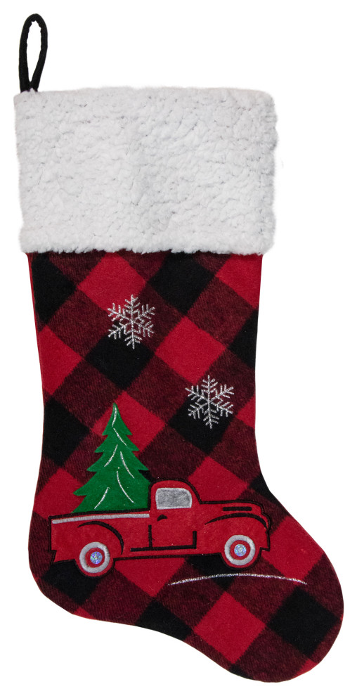 20.5" Red and Black Plaid Christmas Stocking With a Vintage Truck