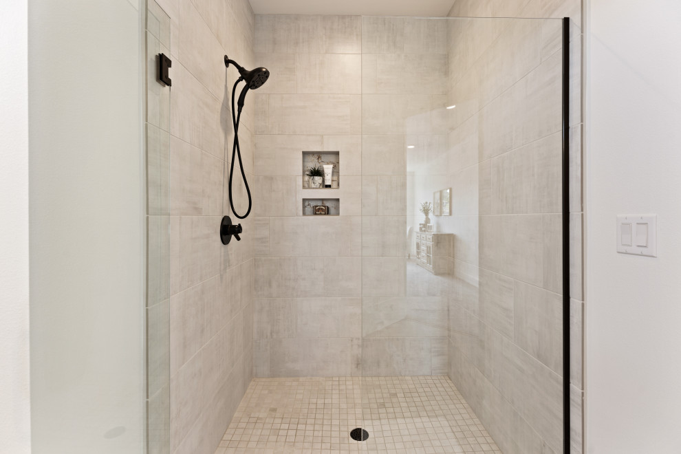 Photo of a mid-sized contemporary 3/4 bathroom in Portland with raised-panel cabinets, dark wood cabinets, a curbless shower, white tile, white walls, laminate floors, quartzite benchtops, white floor, a hinged shower door, white benchtops, a single vanity, a built-in vanity and brick walls.