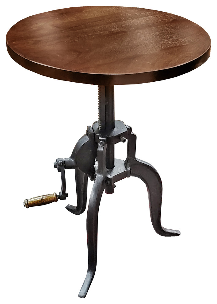 NACH Adjustable Crank Side Table, Mango Wood and Cast Iron Industrial