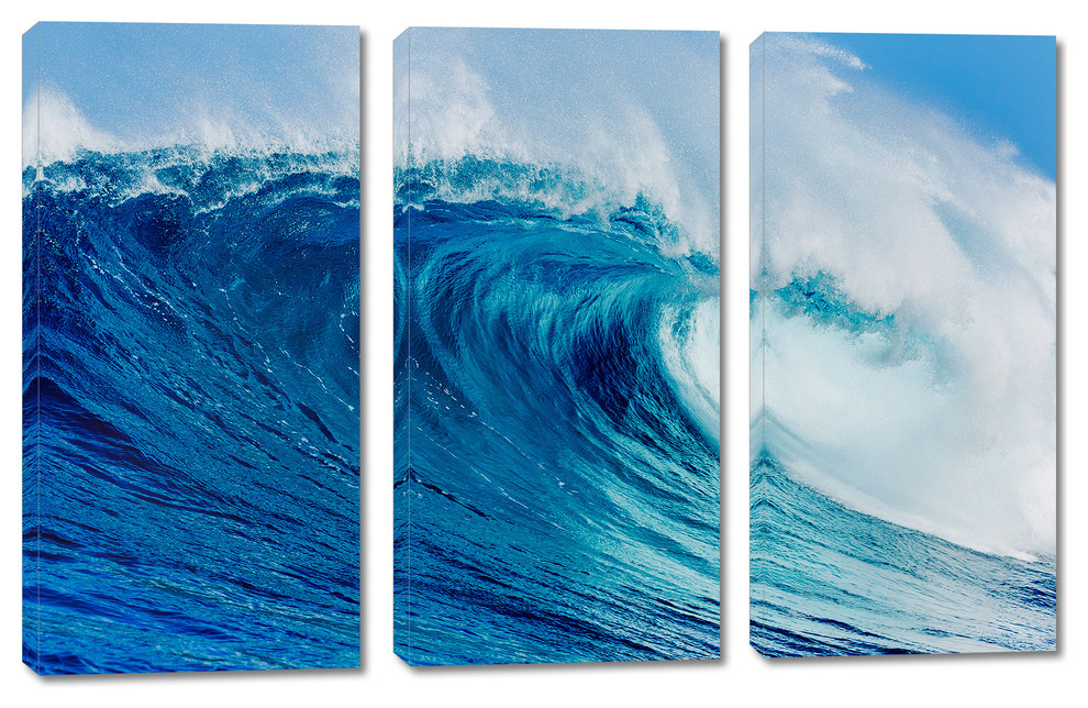 Blue Ocean Wave Canvas Print, 3 Panel Split, Triptych Wall Art, 24x16
