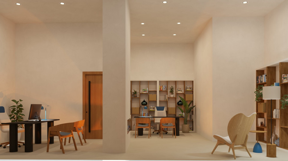 Ejemplo de despacho de estilo zen extra grande con paredes blancas, chimenea de doble cara, marco de chimenea de metal, escritorio independiente y suelo blanco