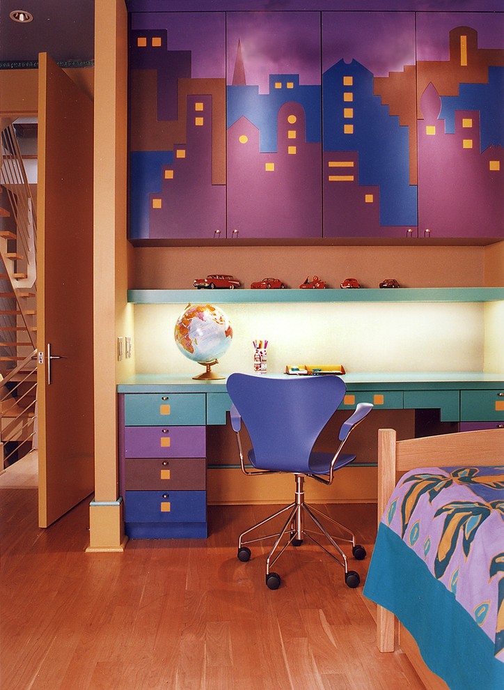 Large eclectic gender-neutral kids' room in New York with medium hardwood floors.
