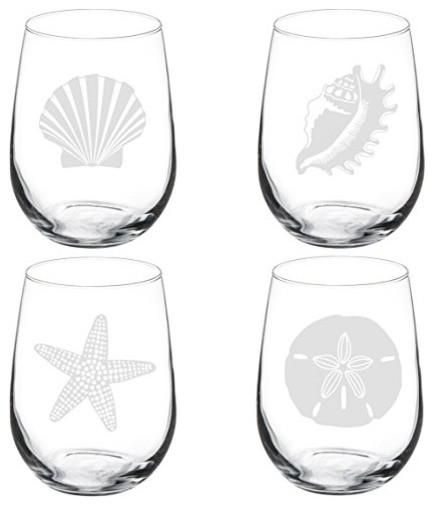 Set of 4 Wine Glass Goblet Sea Shells Sea Shore Collection, 17 Oz Stemless