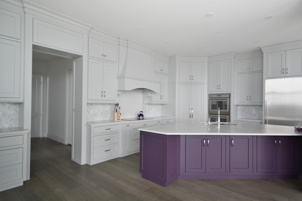 Photo of a large transitional open plan kitchen in Toronto with beaded inset cabinets, purple cabinets, quartz benchtops, with island, white benchtop and stainless steel appliances.